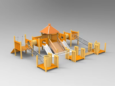 Wooden Playground Equipment Featuring Slides Climbing Structures Roofed Pavilion And Railings 3d model