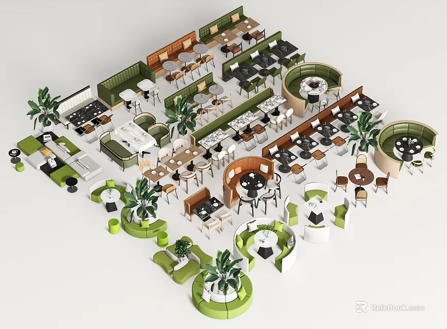 Casual Sofa Sets In Cafe Interior With Palm Plants And Round Seating Areas 3d model 