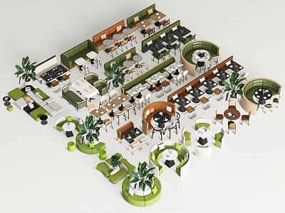 Casual Sofa Sets In Cafe Interior With Palm Plants And Round Seating Areas 3d model