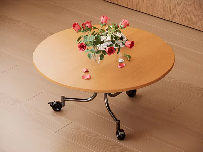 Round Wooden Tea Table With Metal Frame Wheels And Vase Red Roses Petals 3d model