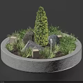 Circular Concrete Tree Planter With Central Tree Surrounding Plants And Stones 3d model