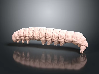Long pink segmented caterpillar crawling on smooth dark surface with reflection 3d model