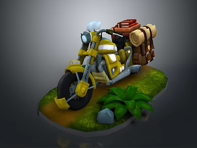 Yellow Motorcycle With Brown Luggage Bags On Green Grass Surrounded By Plants And Stone 3d model