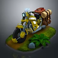 Yellow Motorcycle With Brown Luggage Bags On Green Grass Surrounded By Plants And Stone