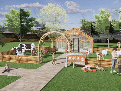 Cute Pet Amusement Park With Wooden Fences Animal Models People Interacting Wooden Walkway Green Lawn And Arched Gate 3d model