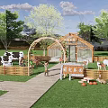 Cute Pet Amusement Park With Wooden Fences Animal Models People Interacting Wooden Walkway Green Lawn And Arched Gate