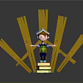 Child Standing On Stacked Books With Wooden Planks Wearing Blue Hat And Colorful Outfit