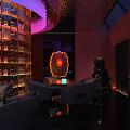 Stylish Modern Bar Lounge Interior With Illuminated Wine Racks And Plush Sofa