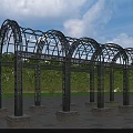 Metal Pergola With Arched Design And Stone Pillar Base In Outdoor Garden Setting