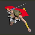 Dynamic Female Warrior In White Outfit Red Cape Golden Boots Holding Sword With Golden Details