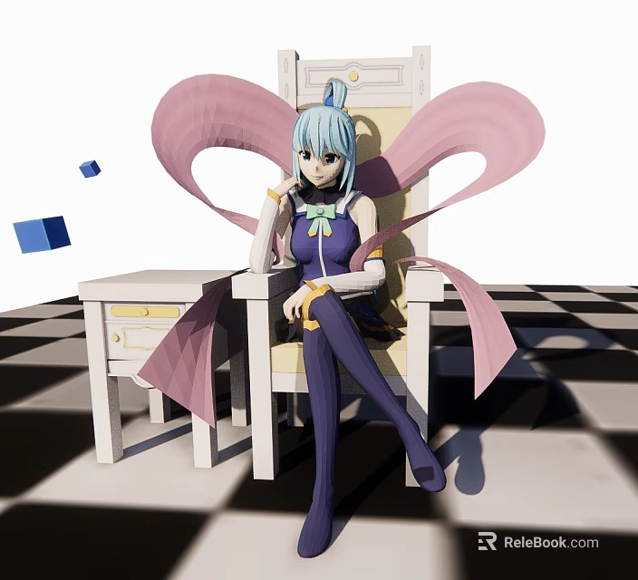 Game Character with Light Blue Hair Pink Wings sitting on Chair Blue Cubes Checkered Floor 3d model 
