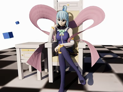 Game Character with Light Blue Hair Pink Wings sitting on Chair Blue Cubes Checkered Floor 3d model