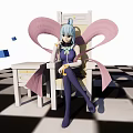 Game Character with Light Blue Hair Pink Wings sitting on Chair Blue Cubes Checkered Floor