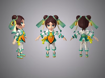 Cartoon Girl Three Angles With Double Bun Hairstyle Green Yellow Decorations White Outfit 3d model