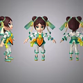 Cartoon Girl Three Angles With Double Bun Hairstyle Green Yellow Decorations White Outfit