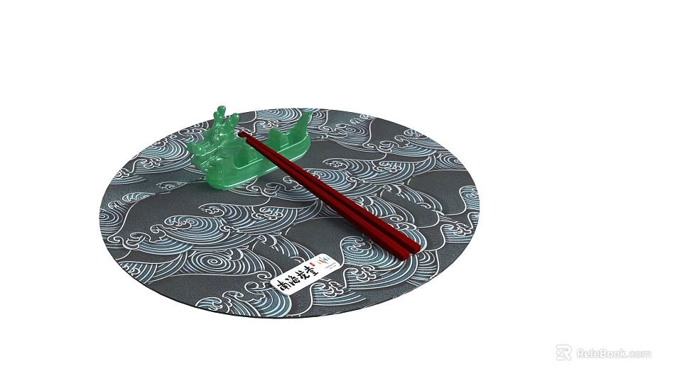 Traditional Dining Table With Round Wave Pattern Placemat Green Chopstick Rest And Red Chopsticks 3d model 