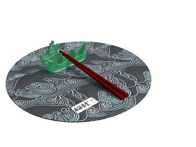Traditional Dining Table With Round Wave Pattern Placemat Green Chopstick Rest And Red Chopsticks 3d model