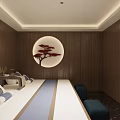 Elegant Store Front Desk With Large Blue Screen Apple iMac Wooden Walls And Red Tree
