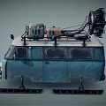 Old Blue Weathered Van With Ski Tracks For Off Road And Roof Mounted Mechanical Equipment