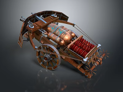 Ancient Weapon With Wooden Structure Wheels Copper Components And Red Launching Mechanism 3d model