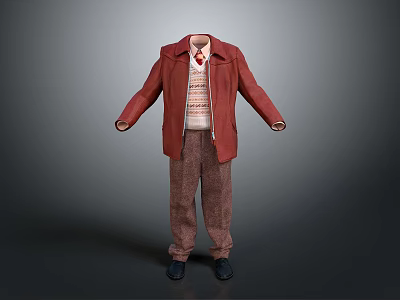 Fashionable Clothing Set With Red Coat Striped Sweater Brown Pants And Black Shoes 3d model
