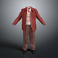 Fashionable Clothing Set With Red Coat Striped Sweater Brown Pants And Black Shoes