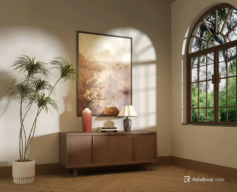Wooden Console Table with Red Vase Books Lamp Near Potted Plant Painting and Arch Window 3d model 