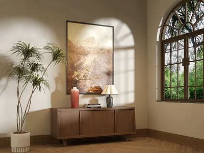 Wooden Console Table with Red Vase Books Lamp Near Potted Plant Painting and Arch Window 3d model