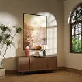 Wooden Console Table with Red Vase Books Lamp Near Potted Plant Painting and Arch Window