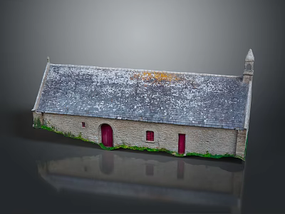 Cartoon Scenery Depicting Old Style Building With Gray Roof Red Doors Spire And Green Grass 3d model