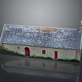 Cartoon Scenery Depicting Old Style Building With Gray Roof Red Doors Spire And Green Grass