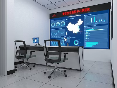 Modern Monitoring Control Room Interior With Large Screen Map Display Data Charts And Computers 3d model