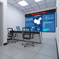 Modern Monitoring Control Room Interior With Large Screen Map Display Data Charts And Computers