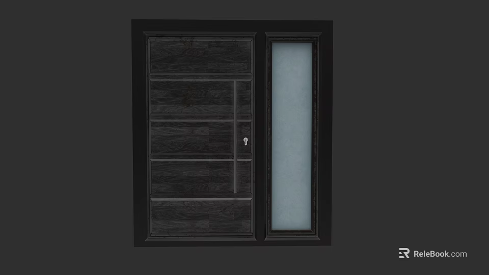 Dark Swing Door With Wooden Texture Glass Panel And Black Frame 3d model 