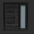 Dark Swing Door With Wooden Texture Glass Panel And Black Frame