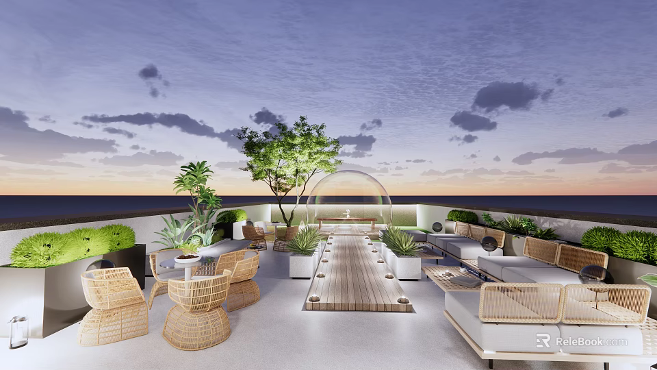 Rooftop Garden With Wooden Walkway Outdoor Wicker Furniture Green Plants And Sunset View 3d model 