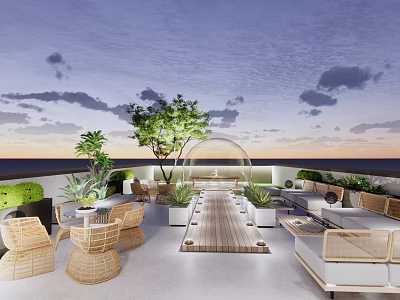 Rooftop Garden With Wooden Walkway Outdoor Wicker Furniture Green Plants And Sunset View 3d model
