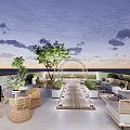 Rooftop Garden With Wooden Walkway Outdoor Wicker Furniture Green Plants And Sunset View