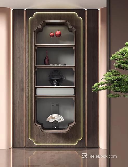Traditional Chinese Decorative Cabinet With Red Lanterns Vase Black Ornament Fan And Green Plant 3d model 