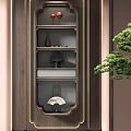 Traditional Chinese Decorative Cabinet With Red Lanterns Vase Black Ornament Fan And Green Plant