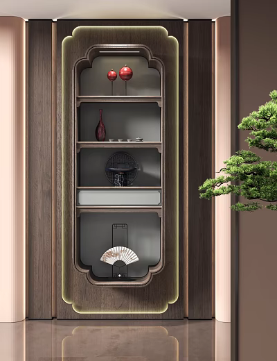 Traditional Chinese Decorative Cabinet With Red Lanterns Vase Black Ornament Fan And Green Plant 3d model