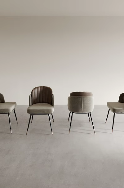 Four Modern Upholstered Dining Chairs With Sleek Black Metal Legs And Neutral Tone 3d model