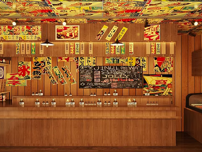 Traditional Japanese Restaurant Interior Featuring Colorful Poster Ceiling Wooden Walls Blackboard Menu And Bar Counter 3d model