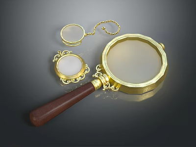 Vintage Magnifying Glass With Wooden Handle Gold Frame Chain And Small Lenses 3d model