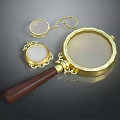 Vintage Magnifying Glass With Wooden Handle Gold Frame Chain And Small Lenses