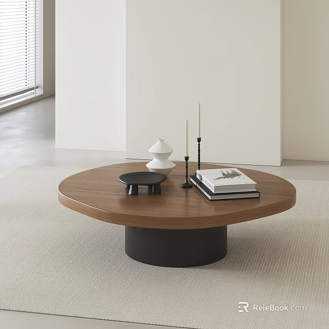 Round Wooden Top Coffee Table With Black Base White Ornament Candles And Books 3d model 