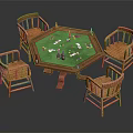 Hexagonal Game Table With Green Felt Top And Playing Cards Surrounded By Wooden Chairs