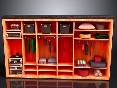 Organized Wooden Closet Interior With Hanging Clothes Storage Boxes And Folded Towels 3d model