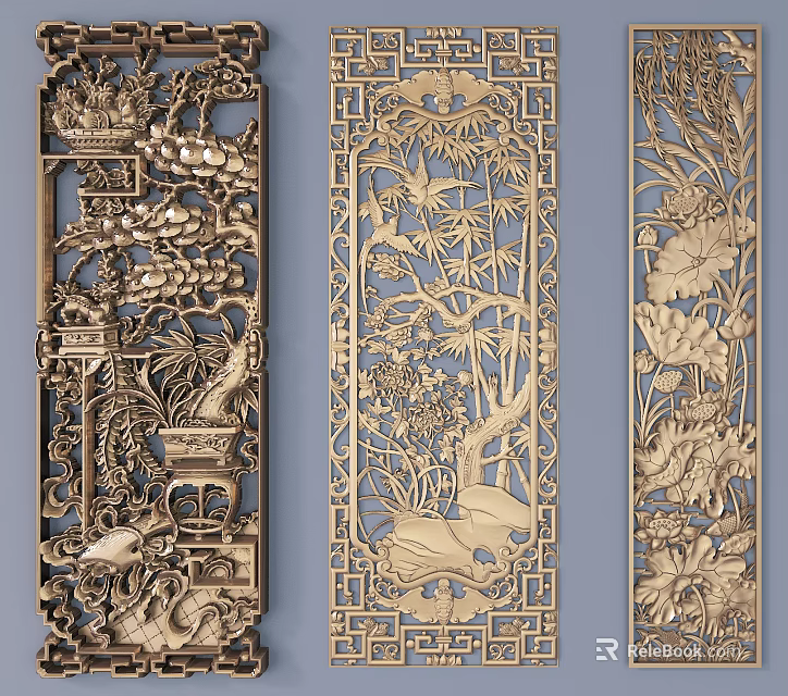 Exquisite Traditional Wooden Carved Panels with Bamboo Lotus and Floral Patterns 3d model 