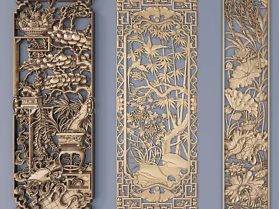 Exquisite Traditional Wooden Carved Panels with Bamboo Lotus and Floral Patterns 3d model
